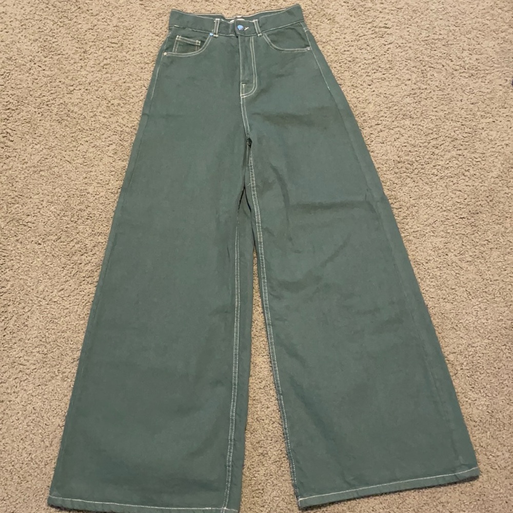 Wide leg green denim jeans